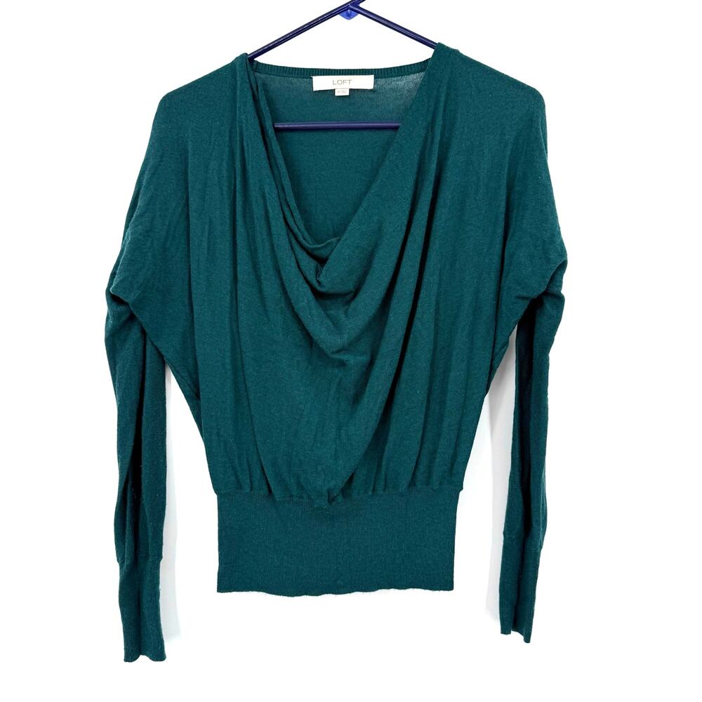 Loft Size XS Long Sleeve Top Blouse Lightweight Sweater Cowl Front Drape Teal